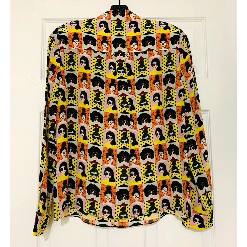 NWT Alice + Olivia Silk Willa Stace Tribe Face Blouse Shirt Sm 2 4 Mod - Picture 7 of 11